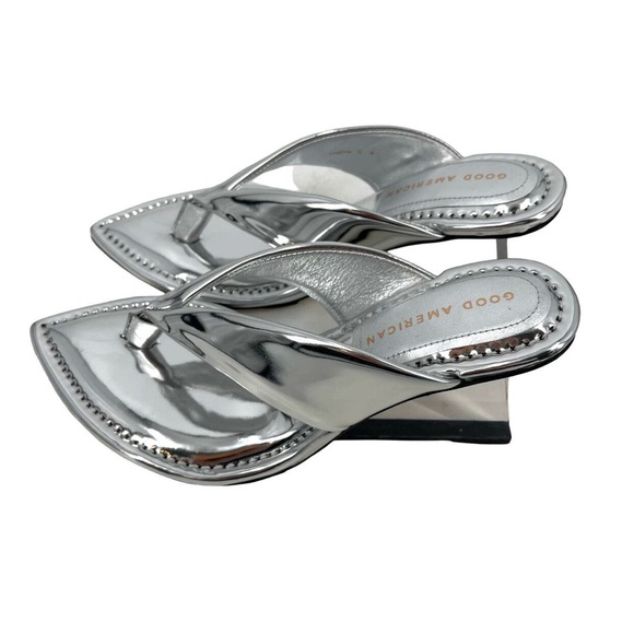 GOOD AMERICAN CINDER F*UCKING RELLA CLEAR WEDGE SANDAL SILVER PATENT LEAT… - Picture 4 of 11